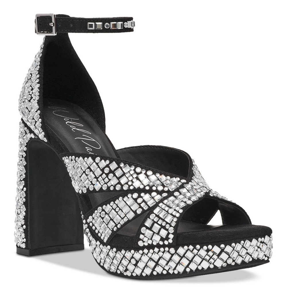 New! Wild Pair Lydiaa Dress Crystal Rhinestones Platform Heels Sz8M Black Silver